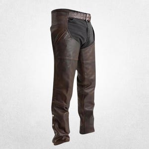 Brown Leather Riding Chaps for Men and Women – Biker Style with Back Lacing & Zips