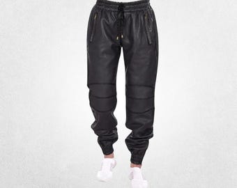 Handmade Black Leather Biker Trousers with Zipped Pockets - Streetwear Pants for Men