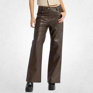 Brown Leather Bootcut Pants: Women&#39;s Retro Style Genuine Leather