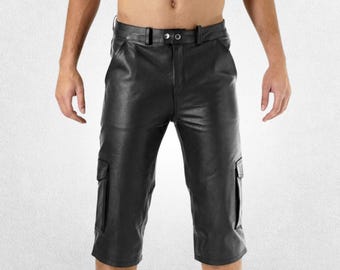 Men's Black Cow Aniline Leather Biker Shorts - Edgy Streetwear Festival Summer Custom Fit Style