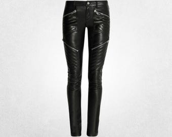 Women's Cowhide Leather Pants: Slim Fit, Moto Style