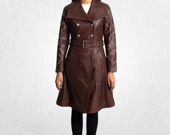Genuine Leather Trench Coat: Brown Aniline Finish, Women's Style