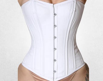 Women's White Genuine Cow Leather Overbust Corset with Back Lace-Up Closure Gothic Bustier Cincher