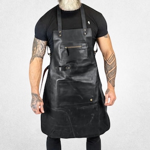 Black Distressed Leather Apron with Multiple Storage Pockets for Tools & Accessories