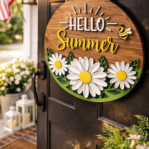 Hello Summer Daisy Door Hanger, Layered Wood Farmhouse Porch Decor Sign