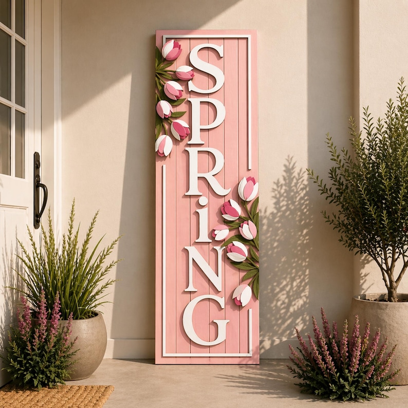 Spring Sign Outside House Handmade Spring Porch Sign | Vertical Farmhouse Welcome Board, Floral ...