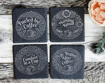 Engraved Slate Coffee Coasters, Rustic Farmhouse Kitchen Decor, Funny Quotes Set