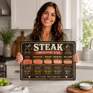 Könnte beinhalten: Ein rechteckiges Steak-Temperatur-Leitschild mit dunklem Holzmaserungshintergrund. Es enthält Text und Illustrationen, die fünf Garstufen von blutig bis durchgebraten zeigen, inklusive Temperaturangaben in Fahrenheit und Celsius.