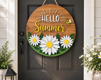Hello Summer Daisy Door Hanger, Layered Wood Front Door Sign, Farmhouse Porch Decor