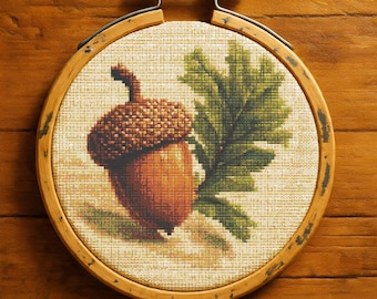 Acorn Oak Leaf Cross Stitch Pattern PDF, Autumn Forest Embroidery Design, Fall Nature Needlework Chart, Digital Download