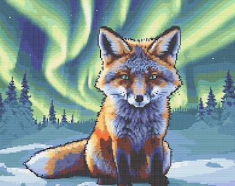 Arctic Fox Northern Lights Cross Stitch Pattern , Winter Wildlife Mini Modern x-stitch Pattern , Animal Cross Stitch Chart PDF