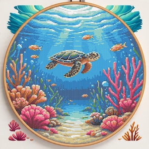 Sea Turtle Cross Stitch Pattern PDF, Ocean Coral Reef Counted Cross Stitch Chart, Marine Life Embroidery Pattern, Instant Download