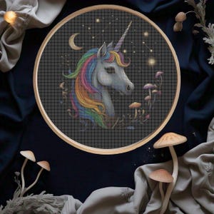 Unicorn cross stitch pattern, rainbow unicorn cross stitch PDF, modern cross stitch, fantasy cross stitch,  Mushroom cross stitch unicorn