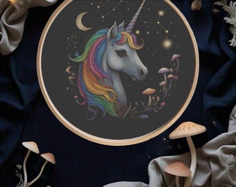Unicorn cross stitch pattern, rainbow unicorn cross stitch PDF, modern cross stitch, fantasy cross stitch,  Mushroom cross stitch unicorn
