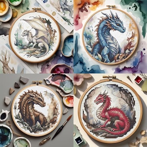 Draak kruissteekpatronen, 4 gezellige ontwerpen, fantasieborduurpakket, moderne mythische kruissteek, beginnersvriendelijk, digitale download pdf