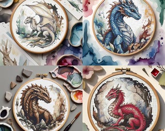 Dragon Cross Stitch Patterns, 4 Cozy Designs, Fantasy Embroidery Kit, Modern Mythical Cross Stitch, Beginner Friendly, Digital Download PDF