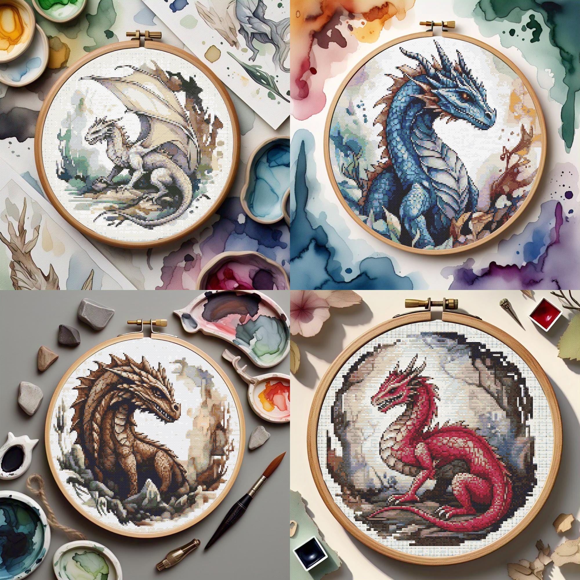 Dragon Cross Stitch Patterns, 4 Cozy Designs, Fantasy Embroidery Kit ...
