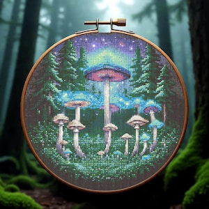 Magical Mushroom Forest Cross Stitch Pattern, Mushroom Embroidery, Fantasy Woodland Flowers Counted Cross Stitch Chart, PDF Download