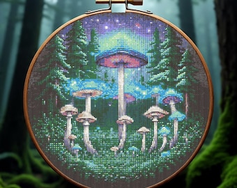 Patrón de punto de cruz "Bosque de Hongos Mágicos", bordado de hongos, gráfico de punto de cruz contado "Flores de Bosque Fantástico", descarga en PDF
