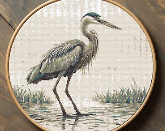 Great Blue Heron Cross Stitch Pattern PDF, Wading Bird Embroidery, Wetland Digital Chart, Cross Stitch Chart PDF, Instant Download