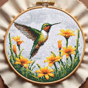 Hummingbird Garden Cross Stitch Pattern, Orange Flower Embroidery, Ruby Throated Bird Cross Stitch Chart PDF, Digital Download