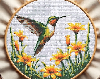 Schema punto croce "Giardino dei colibrì", ricamo di fiori arancioni, schema punto croce "Uccello gola di rubino" in PDF, download digitale