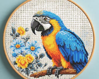 Blue Gold Macaw Floral Cross Stitch Pattern PDF, Tropical Parrot Embroidery, Bird Exotic Flowers Cross Stitch Chart, Instant Download