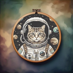 宇宙飛行士の猫のクロスステッチパターン、面白いミニモダンクロスステッチパターン、動物のクロスステッチチャート、初心者向け刺繍PDF