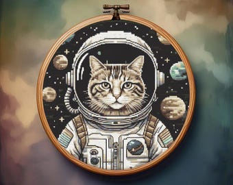 Astronaut Cat Cross Stitch Pattern, Funny Mini Modern x-stitch Pattern, Animal Cross Stitch Chart, Beginner Embroidery PDF