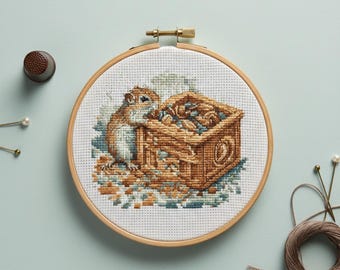 Hamster Cross Stitch Pattern PDF, Pet with Treasure Embroidery Design, Adventure Animal Pattern, Digital Download Craft