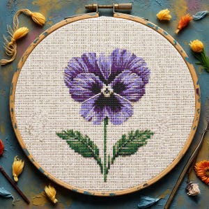 Purple Pansy Cross Stitch Pattern PDF, Beginner Violet Flower Embroidery Design, Garden Flower Needlework Chart, Digital Download
