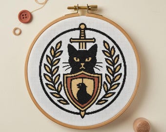 Medieval Cat Cross Stitch Pattern PDF, Heraldic Embroidery Chart, Knight Cat with Sword Cross Stitch, Renaissance Decor Digital Download