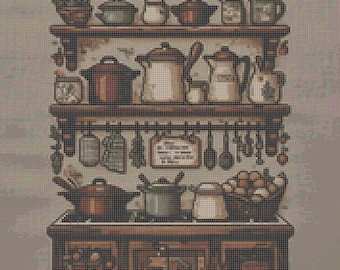 Vintage Kitchen Shelves Cross Stitch Pattern - Vintage Cross Stitch PDF - Farmhouse Kitchen Decor - Beginner Friendly Digital Download