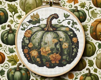 Padrão de ponto cruz de abóbora de outono em PDF, decoração floral de outono, bordado sazonal de Ação de Graças, arte em bastidor de bordado, download digital