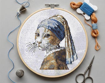 Art and Cat Cross Stitch Pattern PDF, Modern Mini Art x-stitch Pattern, Cat Cross Stitch Chart, Beginner Embroidery