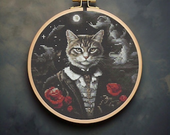 Patrón de punto de cruz de gato gótico, kit de bordado de Halloween, retrato de mascota victoriano, gráfico de punto de cruz de gato vampiro, PDF de bordado para principiantes