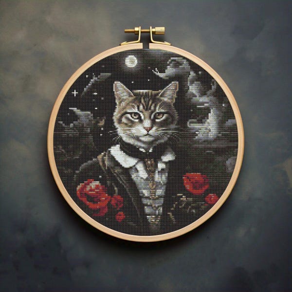 Gothic Cat Cross Stitch Pattern, Halloween Embroidery Kit, Victorian Pet Portrait, Vampire cat Cross Stitch Chart, Beginner Embroidery PDF