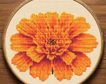 Marigold Cross Stitch Pattern PDF, Beginner Orange Flower