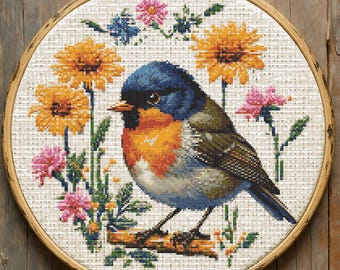 Songbird Cross Stitch Pattern PDF, Bird spring  Mini Modern x-stitch Pattern, Flower Cross Stitch Chart, Beginner Embroidery PDF
