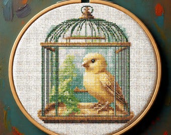Patrón de punto de cruz de jaula de pájaros vintage (PDF), bordado de canario, gráfico de punto de cruz de jaula antigua (PDF), descarga instantánea