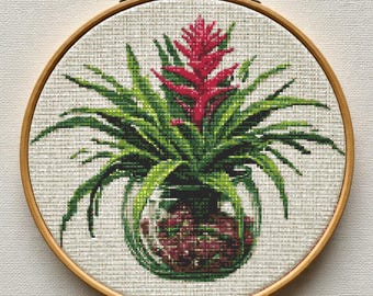 Bromeliad Plant Cross Stitch Pattern PDF, Tropical Houseplant Embroidery Design, Indoor Garden Flower Needlework Chart, Digital Download