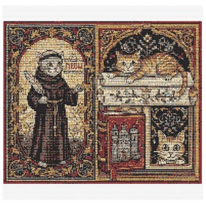 May include: A detailed cross-stitch design in two panels. The left panel shows a cat dressed as a monk holding a scroll with the word "MEOW". The right panel shows a cat lounging, with additional cat portraits below.
