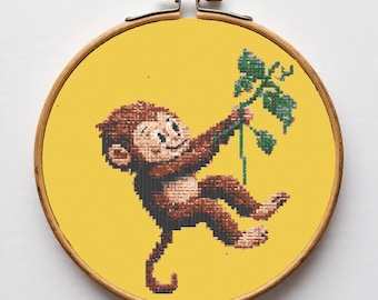 Monkey Cross Stitch Pattern PDF, Cute Animal Embroidery Chart, Modern Jungle Cross Stitch Chart, Digital Download, Kids Room Wall Art