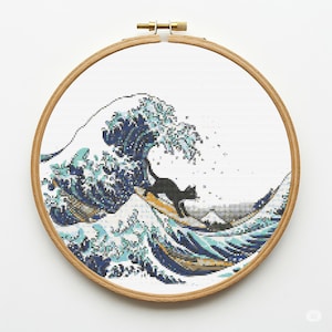 Wave&#39;s Cat Cross Stitch Pattern PDF, Modern Mini Art x-stitch Pattern, Summer Kitten Counted Cross Stitch Chart, Beginner Embroidery