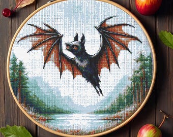 Patrón de punto de cruz de murciélago volador, bordado gótico de animales, gráfico de punto de cruz de Halloween con fauna oscura en PDF, descarga instantánea