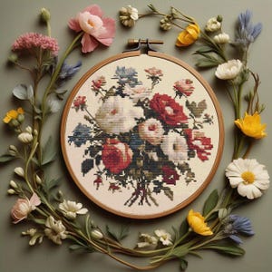 Vintage Rose Bouquet Cross Stitch Pattern, Classic Floral Embroidery Design, Traditional Flower Cross Stitch Chart PDF, Digital Download