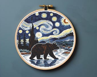 Patrón de punto de cruz "Oso", escena invernal de un bosque galáctico, gráfico de punto de cruz "Oso Celestial", bordado DIY en PDF