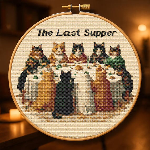 猫の最後の晩餐クロスステッチパターンPDF、動物のパロディ刺繍 