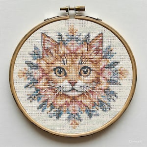 Floral Cat Cross Stitch Pattern PDF, Cute Kitty Face Counted Cross Stitch Chart, Animal Portrait Embroidery, Instant Download