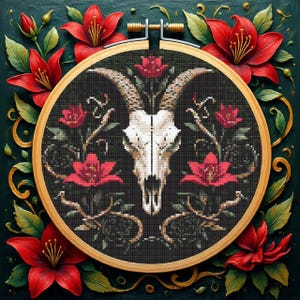 Gothic Floral Cross Stitch Pattern PDF, Skull Roses Embroidery, Dark Botanical Cross Stitch Chart, Instant Download, Modern Needlework